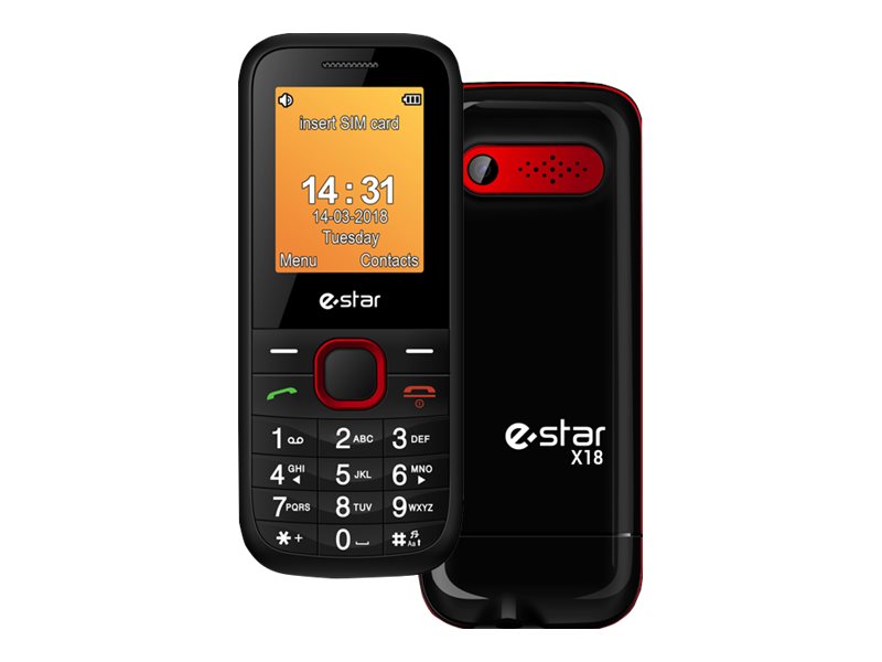 X18   Funktionstelefon   Dual Sim   Ram 32 Mb   Intern Hukommelse 32 Mb   Microsd Slot   Lcd Skærm   128 X 160 Pixels   Rear Camera 0,3 Mp   Rø fra Estar